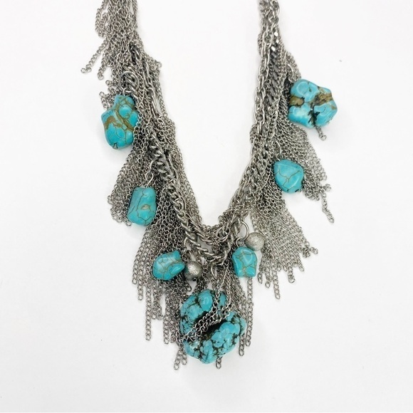 Silver Tone Turquoise Chunky Fringe Boho Necklace - Picture 3 of 11